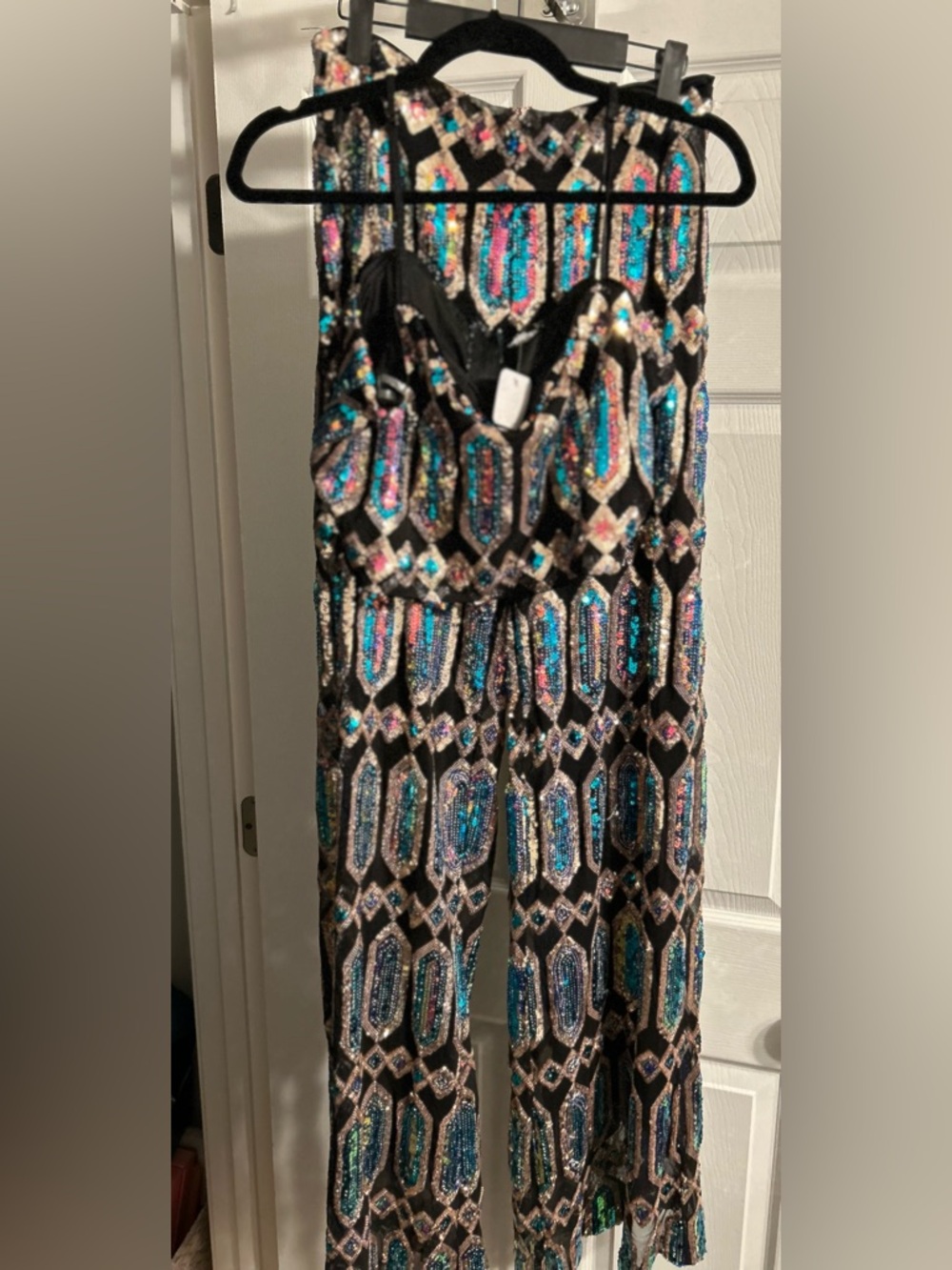 Sequin Geometric Strap 2 piece set in Black with Iridescent Accents